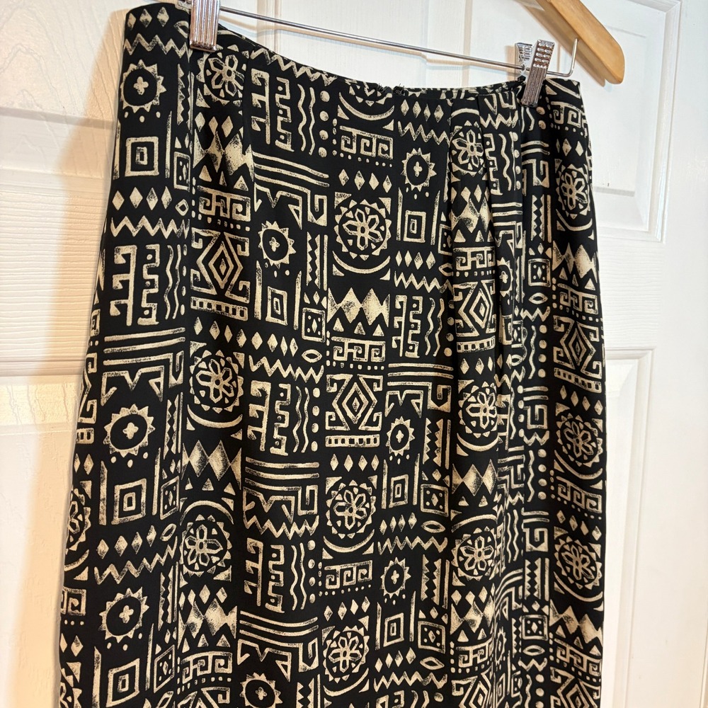 Chaus Vintage 90s Geometric Print M 8 Faux Wrap Midi Pencil Skirt Black Cream